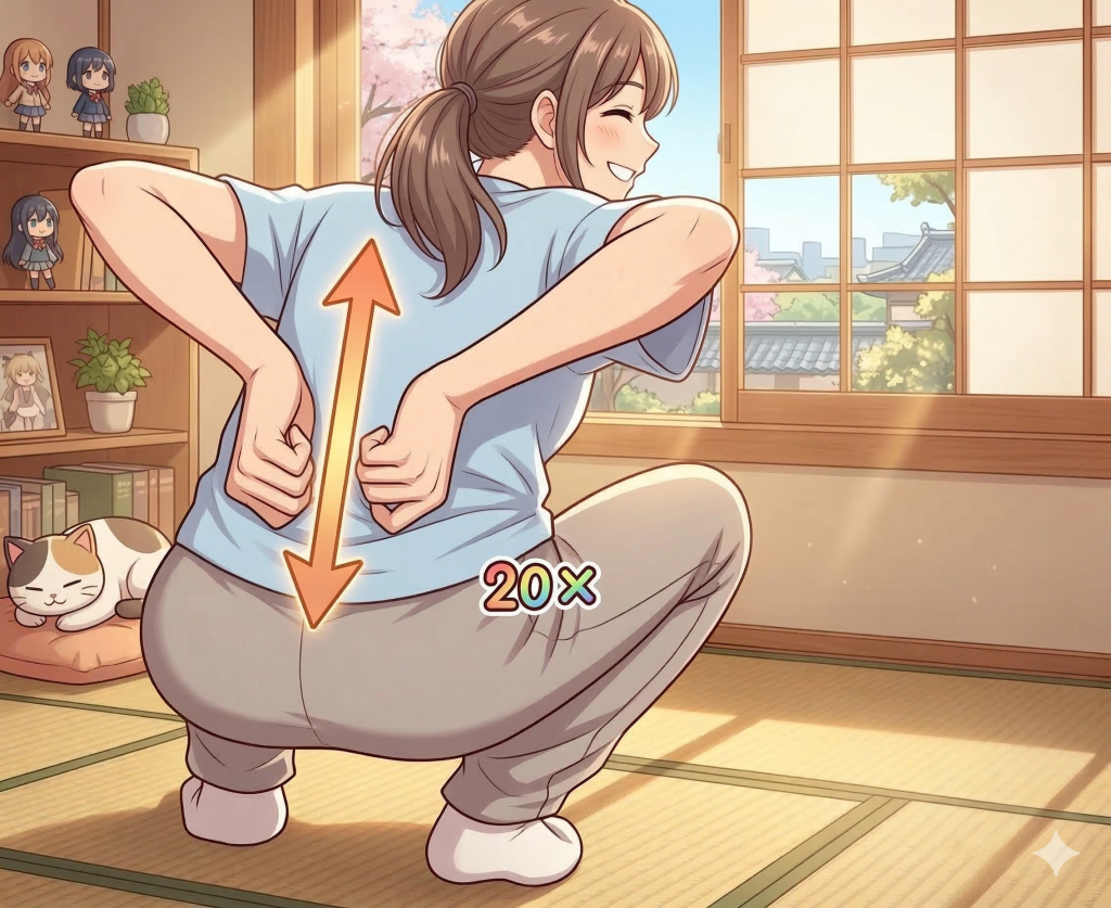 早安健康＿「混混蹲」伸展背肌，蹲下讓屁股下沉。保持前傾姿勢伸展腰背。用拳頭在腰部後方兩側上下摩擦