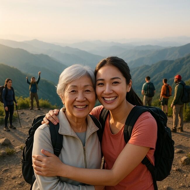 女兒陪著媽媽一起參加登山團在山頂開心留影