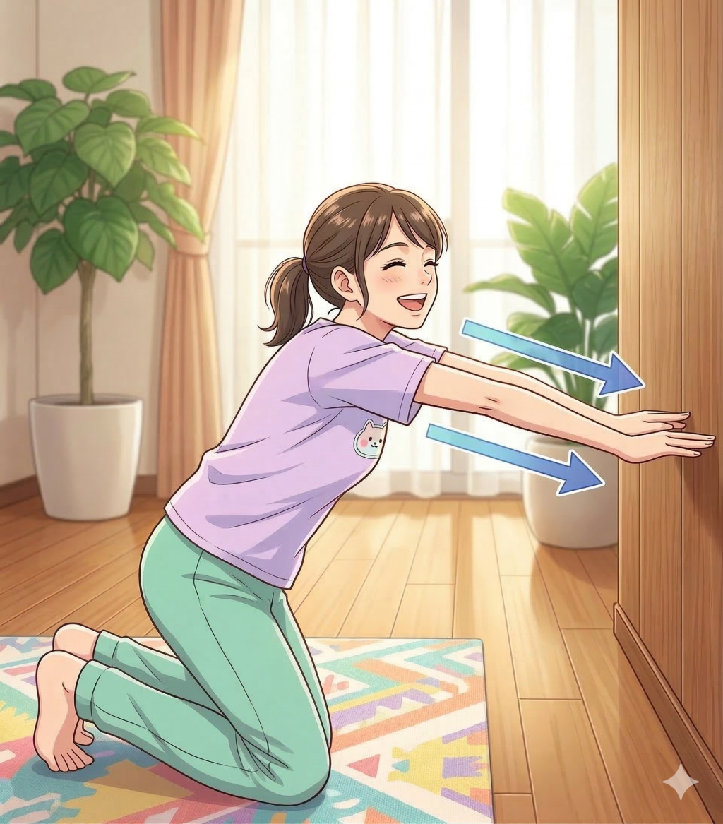 早安健康＿多裂肌強化訓練，雙膝跪地，雙手前伸支撐，腳趾務必貼地增加支撐力。維持背部挺直，將上身緩慢前傾再回正。早晚各練習20次。