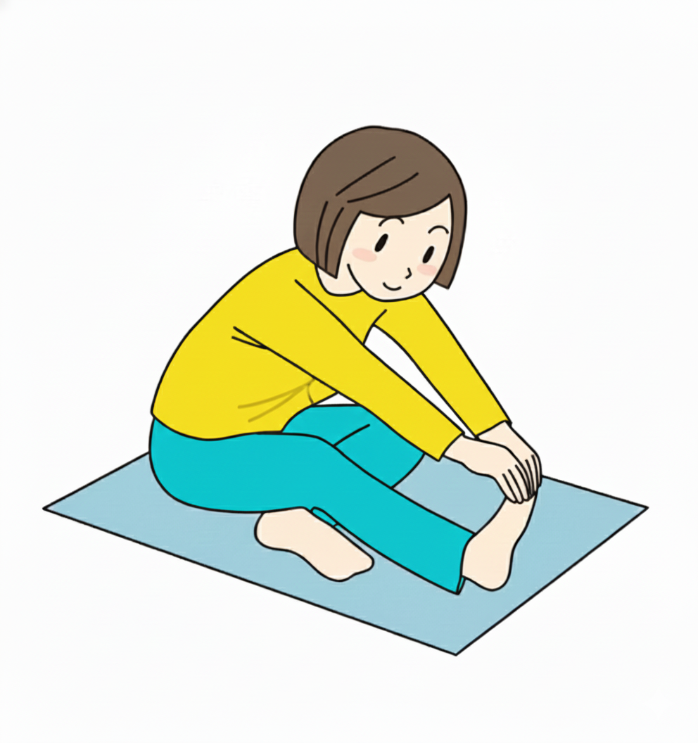 早安健康_伸展大腿、放鬆腰部_右腳向前伸展、左膝彎曲放在右腳下方。 身體緩緩向前伸展