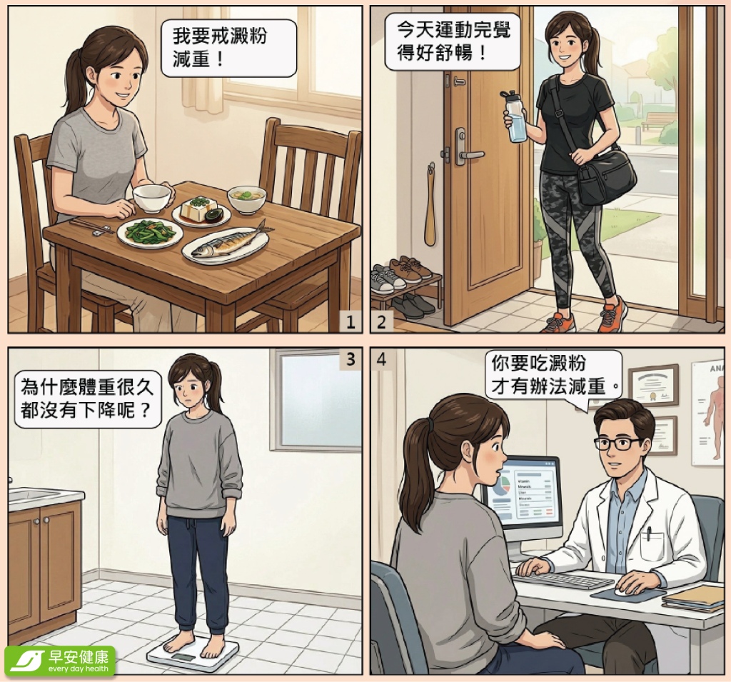 不吃澱粉老更快!醫師點名這3種好澱粉:維持代謝更助減脂_一名女子想戒澱粉減重,又常運動,但體重很久都沒有下降,直到醫師提醒要吃澱粉才有辦法瘦身