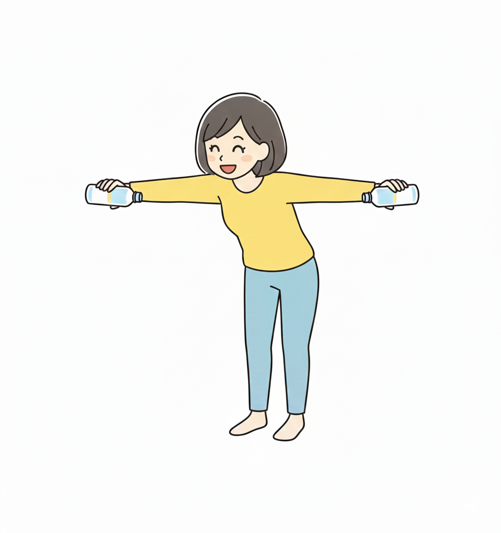 早安健康_雙手各拿著一瓶水練習飛鳥