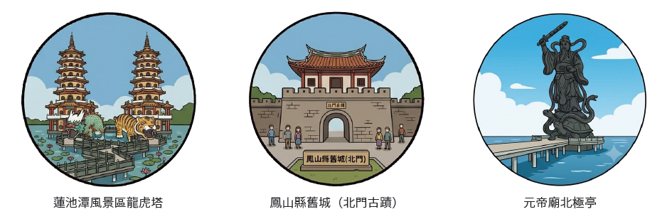 高雄市:捷運生態園區站→原生植物園→洲仔濕地公園→蓮池潭風景區龍虎塔→鳳山縣舊城(北門古蹟)→元帝廟北極亭→左營孔子廟